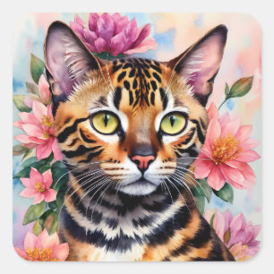 Adesivo Quadrado Bengal Cat Floral Art