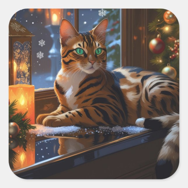 Adesivo Quadrado Bengal Cat With Christmas Lights Holiday (Frente)