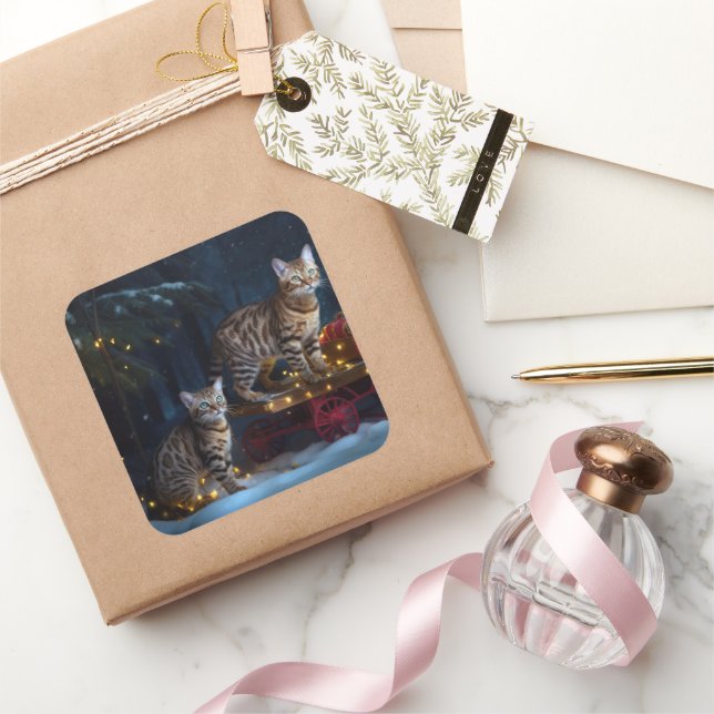 Adesivo Quadrado Bengala Cat Snowy Sleigh Passear Decência de Natal (Presentear)