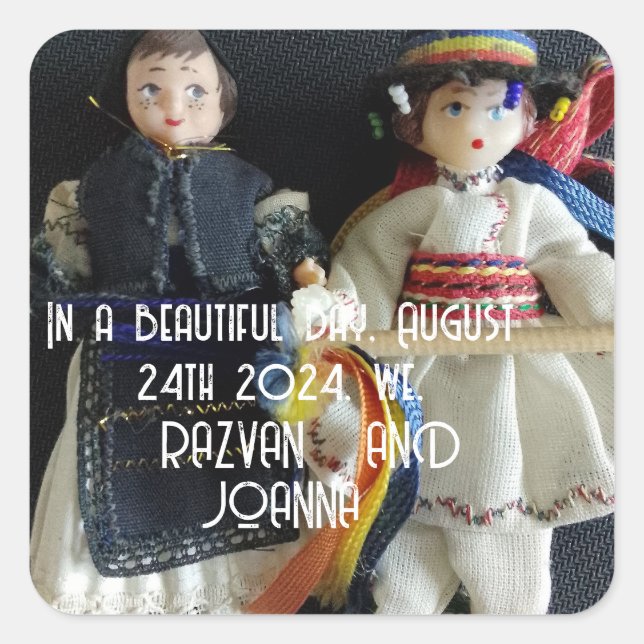 Adesivo Quadrado bengala de casamento Vestido Nacional Romeno (Frente)