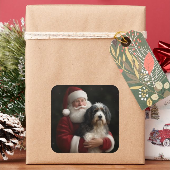 Adesivo Quadrado Bernedoodle com Papai Noel Natal Festivo (Feriado)