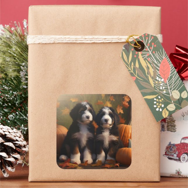 Adesivo Quadrado Bernedoodle Puppy Autumn Delight Pumpkin (Feriado)