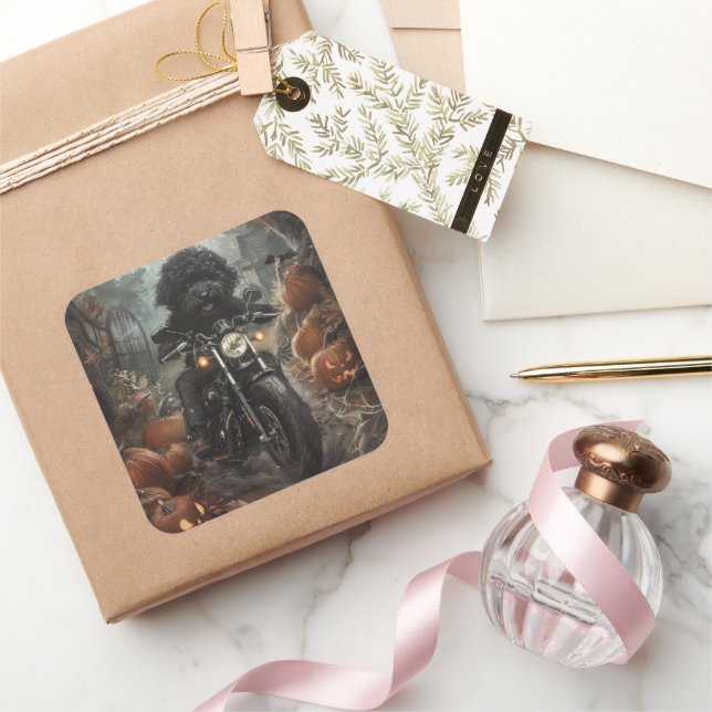 Adesivo Quadrado Bernedoodle Riding Motorcycle Halloween Scary (Presentear)