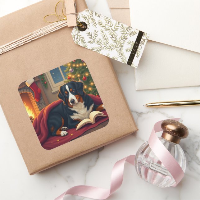 Adesivo Quadrado Bernese Mountain Dog Christmas Bedtime Story (Presentear)