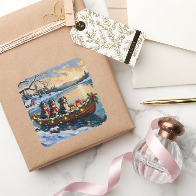 Adesivo Quadrado Bernese Mountain Dog Christmas Boat Holiday (Presentear)