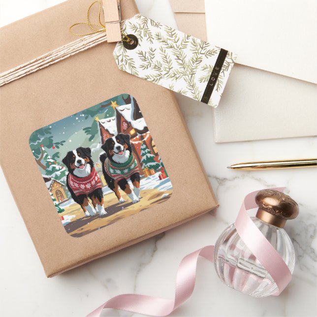 Adesivo Quadrado Bernese Mountain Dogs Christmas Snow Holiday (Presentear)