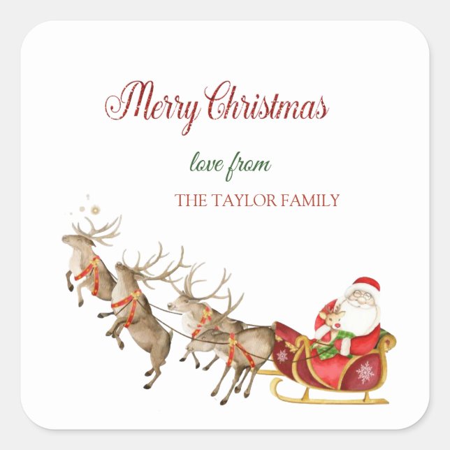 Adesivo Quadrado Berrendas de Aquarela Santa Claus Sleigh Natal (Frente)