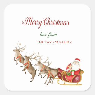 Adesivo Quadrado Berrendas de Aquarela Santa Claus Sleigh Natal