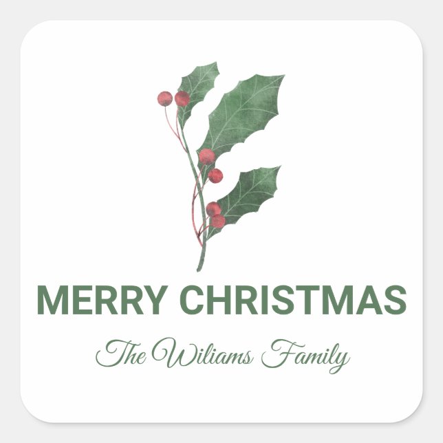 Adesivo Quadrado Berries and Leaves Custom Merry Christmas Holiday (Frente)