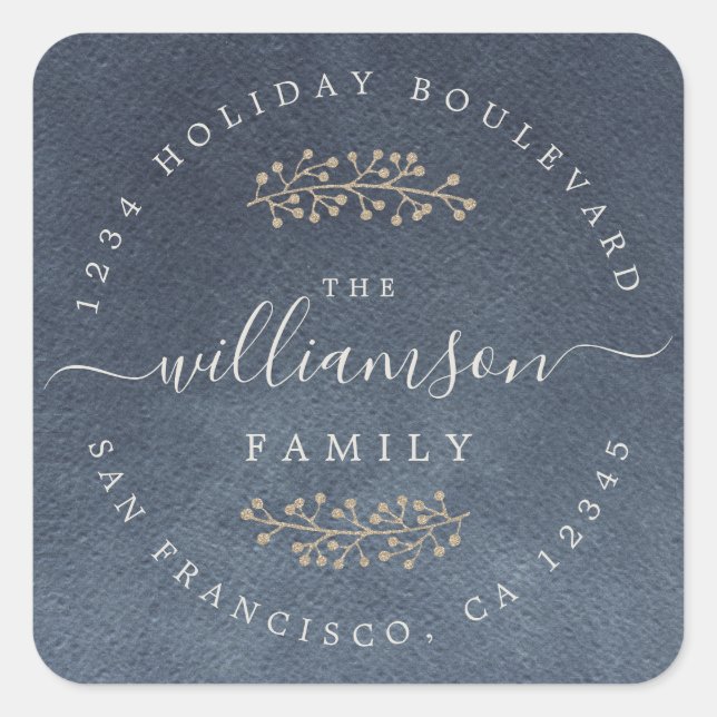 Adesivo Quadrado Berries Dourados Russos Sprig Dark Blue Natal (Frente)