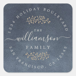 Adesivo Quadrado Berries Dourados Russos Sprig Dark Blue Natal