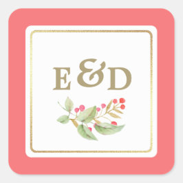 Adesivo Quadrado Berry Branch | Casamento do Monograma de Coral Ros