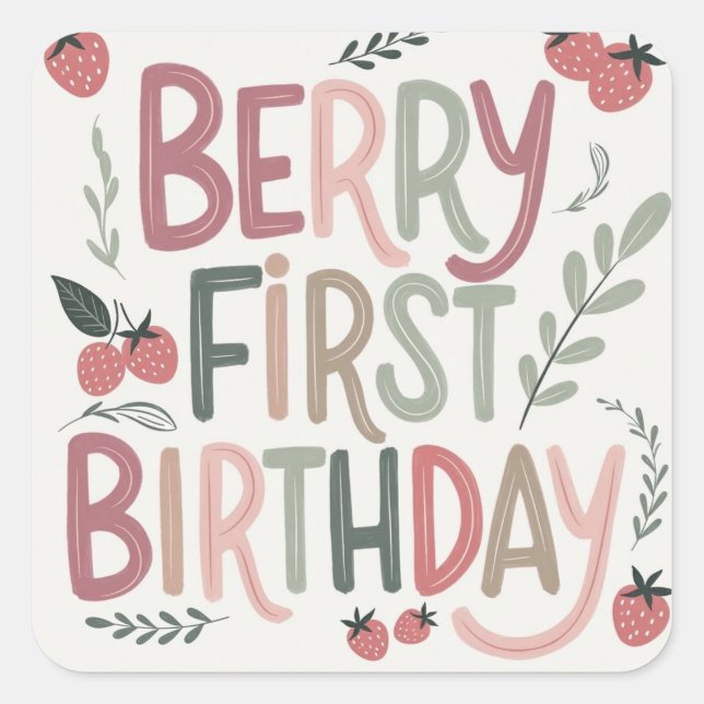 Adesivo Quadrado Berry First Birthday for Girls Sticker (Frente)