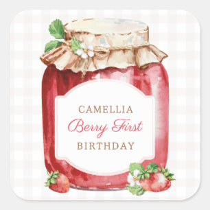 Adesivo Quadrado Berry First Strawberry Jam primeiro aniversario Pa