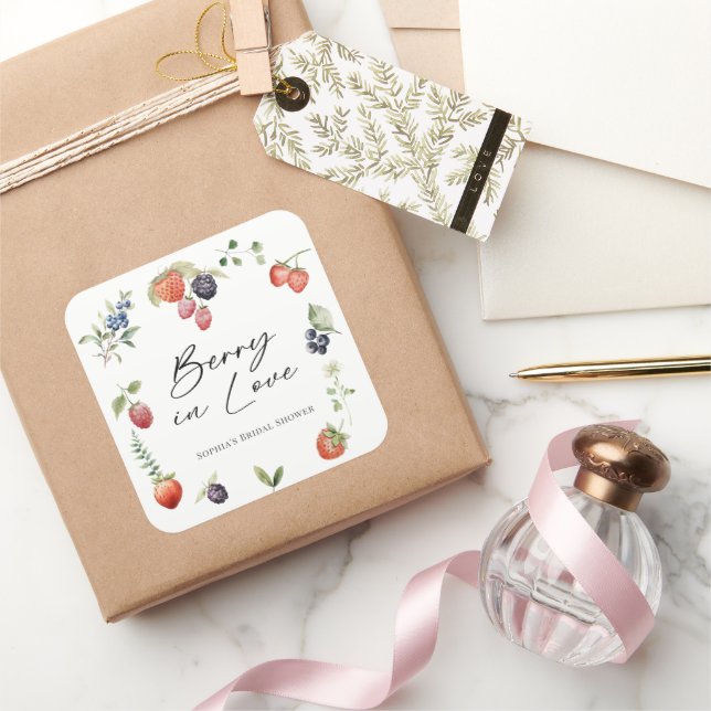 Adesivo Quadrado Berry in Love Watercolor Berries Bridal Shower (Presentear)