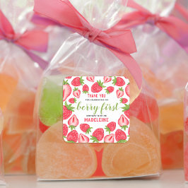 Adesivo Quadrado Berry Primeiro Aniversário Cute Strawberry Obrigad