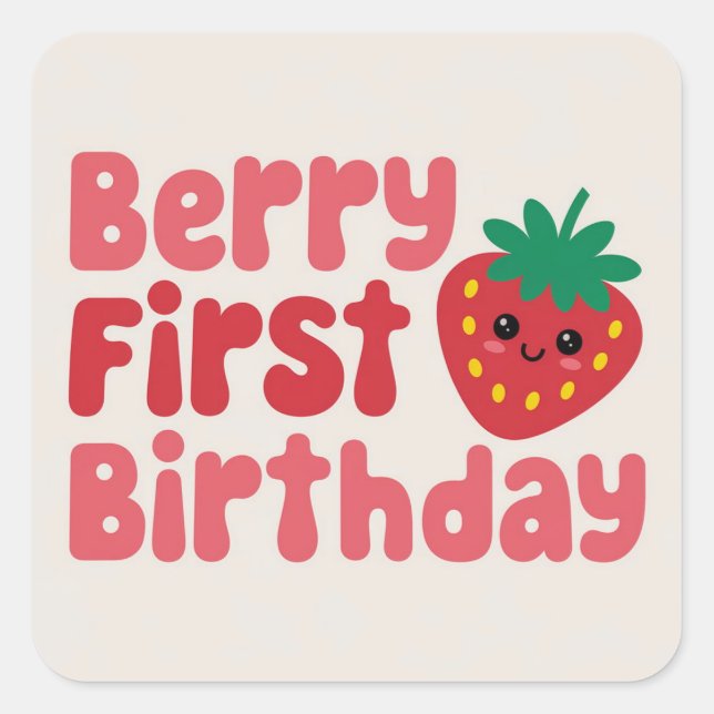 Adesivo Quadrado Berry Primeiro Aniversário - Cute Strawberry Theme (Frente)