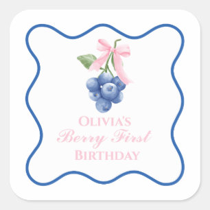 Adesivo Quadrado Berry primeiro aniversário de mirtilo laço rosa Co
