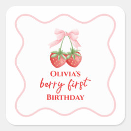 Adesivo Quadrado Berry primeiro aniversário de morango Laço Rosa