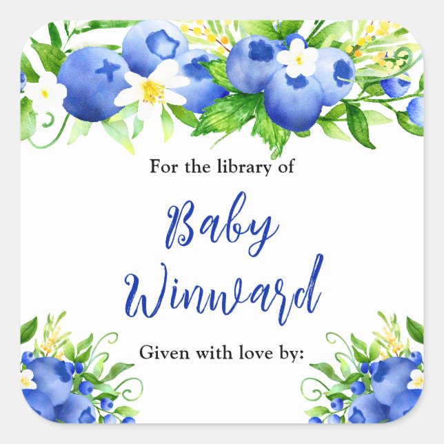 Adesivo Quadrado Berry Sweet Blueberry Baby Shower Bookplate (Frente)