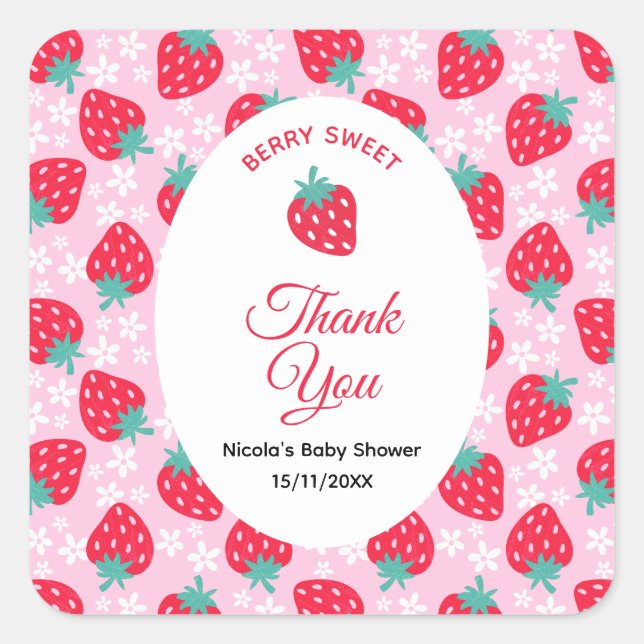 Adesivo Quadrado Berry Sweet Pink Strawberry Baby Shower (Frente)