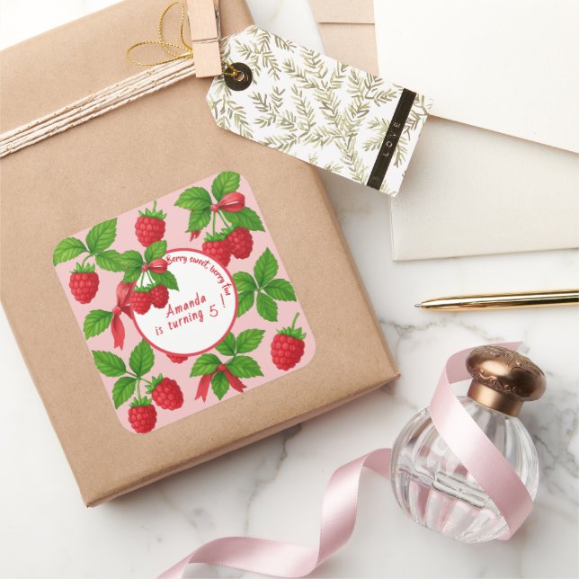 Adesivo Quadrado Berry Sweet Raspberry Aniversário de criança Party (Presentear)