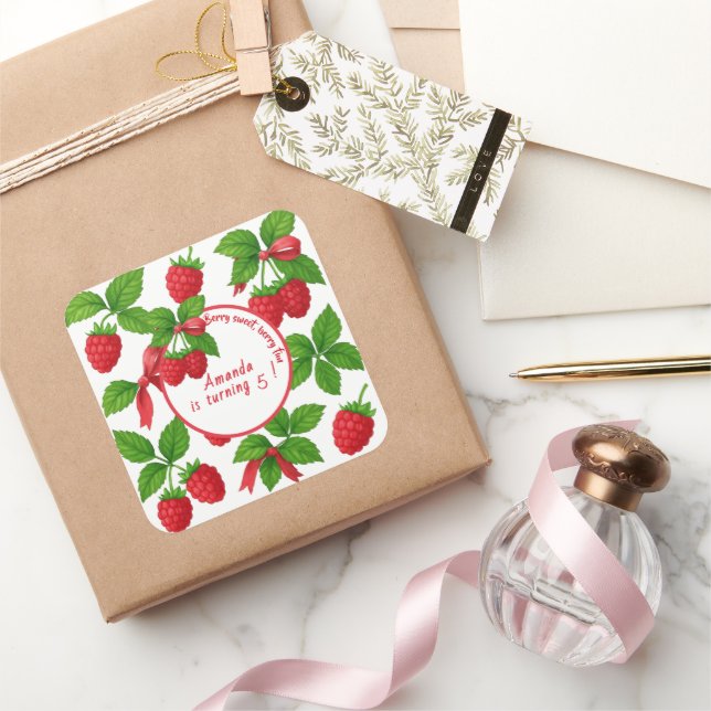 Adesivo Quadrado Berry Sweet Raspberry Aniversário de criança Party (Presentear)