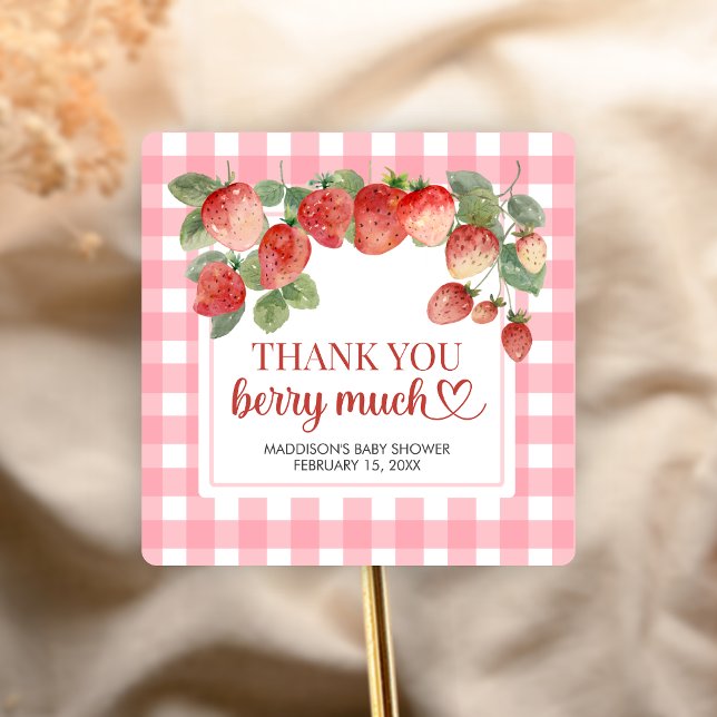 Adesivo Quadrado Berry Sweet Strawberry Baby Shower (Strawberry Baby Shower Sticker)