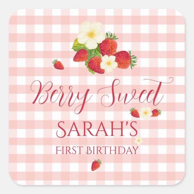 Adesivo Quadrado Berry Sweet Strawberry Favor Gift 1st Birthday  (Frente)