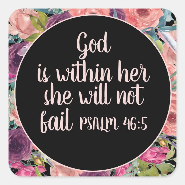Adesivo Quadrado Bíblia Cristã Floral Rosa Púrpura Deus Dentro Dela (Frente)