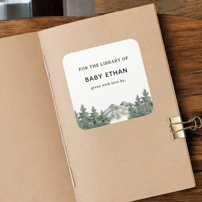 Adesivo Quadrado Biblioteca de Livros para Chás de Bebê da Montanha (Criador carregado)