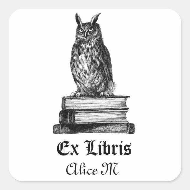 Adesivo Quadrado Biblioteca Owl ex libris (Frente)