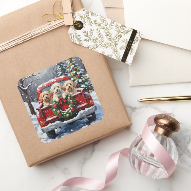 Adesivo Quadrado Bichon Frise Christmas Red Truck Holiday (Presentear)