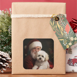 Adesivo Quadrado Bichon Frise com Papai Noel Natal Festivo