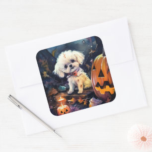 Adesivo Quadrado Bichon Frise de Halloween com Abóboras Assustadora