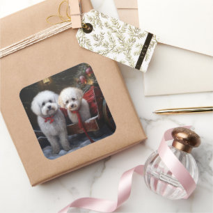 Adesivo Quadrado Bichon Frise Snowy Sleigh Decoração de Natal