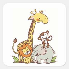 Adesivo Quadrado Bichos De Cartoon Bonitos - Girafa, Leão E Macaco