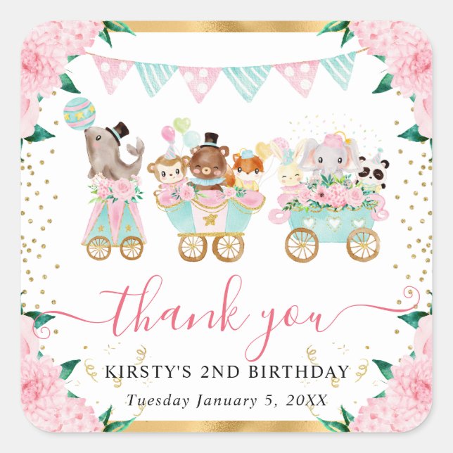 Adesivo Quadrado Bichos de Circo Rosa de Aquarela Aniversário Flora (Frente)