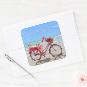 Adesivo Quadrado Bicicleta de Flamingo Rosa Fofa na Praia da Ilha S