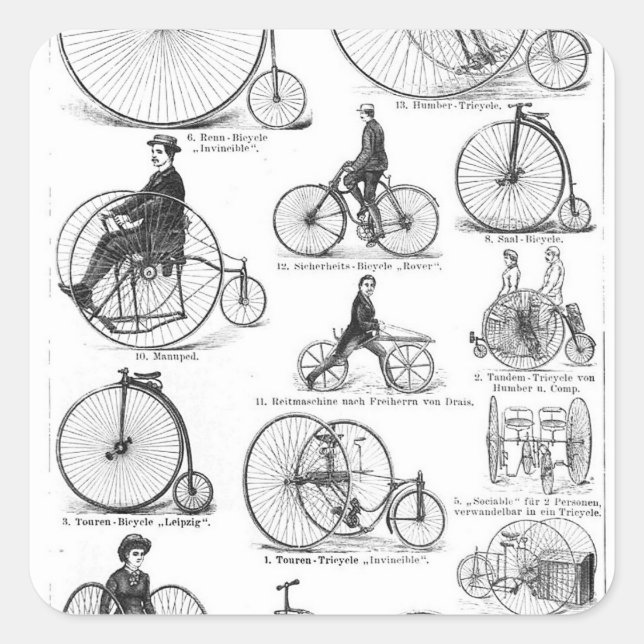 Adesivo Quadrado Bicicleta de Roda Alta Penny Farthing (Frente)