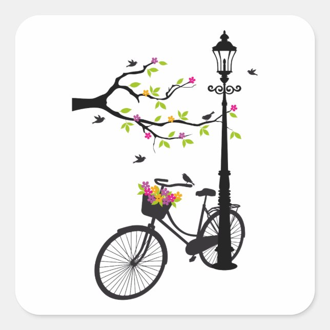 Adesivo Quadrado Bicicleta velha com candeeiro, cesto de flores, pá (Frente)