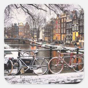 Adesivo Quadrado Bicicletas na neve em Amsterdã