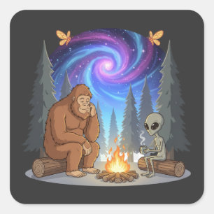 Adesivo Quadrado Bigfoot e Alien Caprichosos em uma Fogueira na Gal