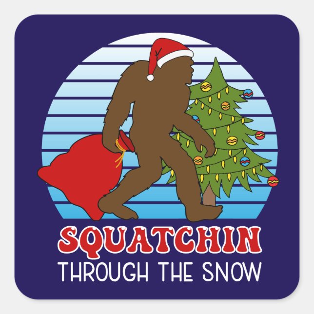 Adesivo Quadrado Bigfoot Squatchin através do Natal da Neve (Frente)