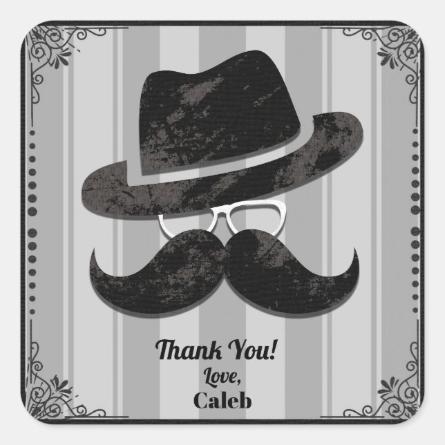Adesivo Quadrado Bigode de Hipster Óculos Chapéu de QUALQUER Festa  (Frente)