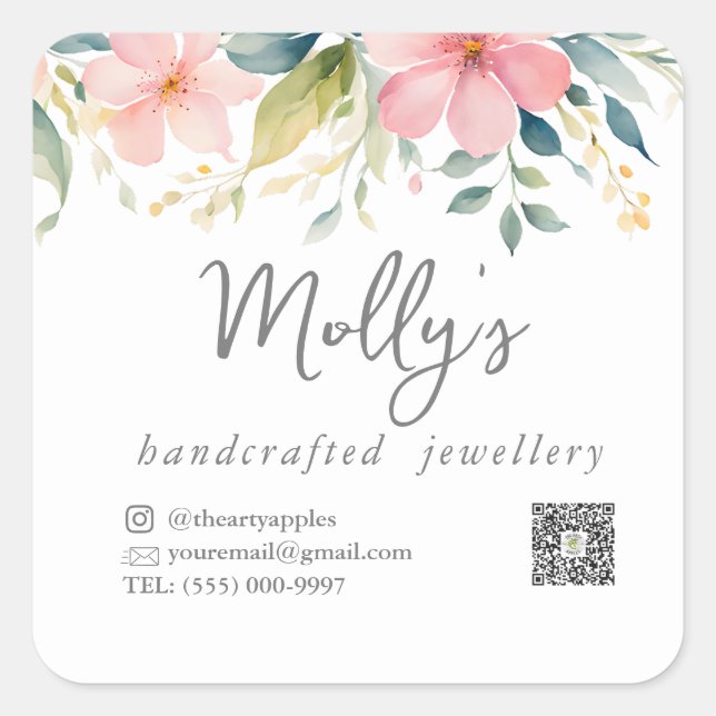 Adesivo Quadrado Bijutarias florais elegantes, cor-de-rosa e Cinzas (Frente)