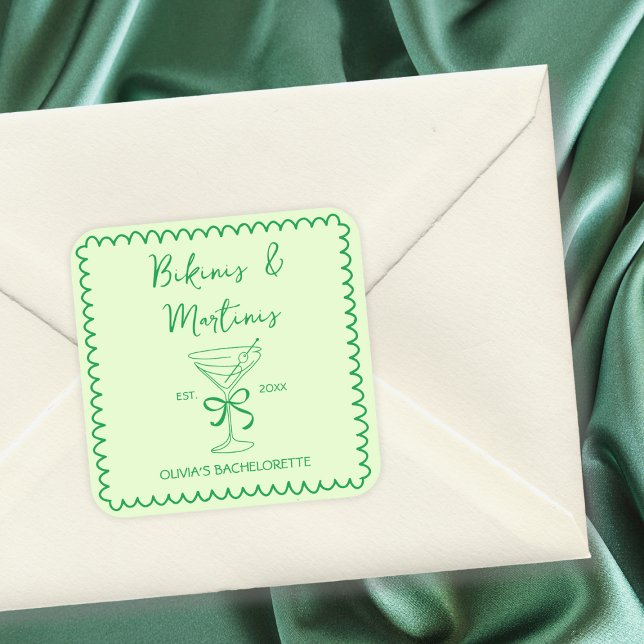 Adesivo Quadrado Bikinis Wavy Desenhado à Mão & Martinis Bacheloret (bikinis and martinis bachelorette)