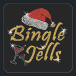 Adesivo Quadrado Bingle Jells Tipsy Natal<br><div class="desc">Bingle Jells novelty design com Bingle Jells em pontos de letra ouro amarelo desenhados para simular a arte cristalina com um chapéu vermelho de Santa e um copo de cocktail martini embelezado com faíscas brancas</div>
