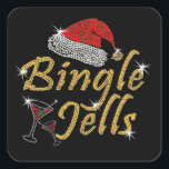Adesivo Quadrado Bingle Jells Tipsy Natal<br><div class="desc">Bingle Jells novelty design com Bingle Jells em pontos de letra ouro amarelo desenhados para simular a arte cristalina com um chapéu vermelho de Santa e um copo de cocktail martini embelezado com faíscas brancas</div>