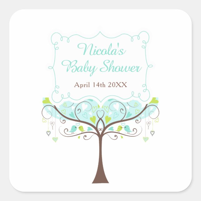 Adesivo Quadrado Birds Hearts Tree Blue and Green Baby Shower (Frente)